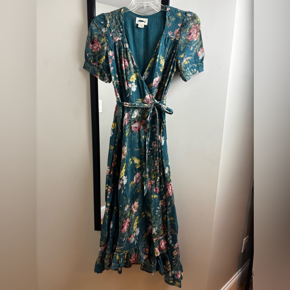 Ralph Lauren Teal Vintage Floral Wrap Midi Dress short sleeve cottagecore